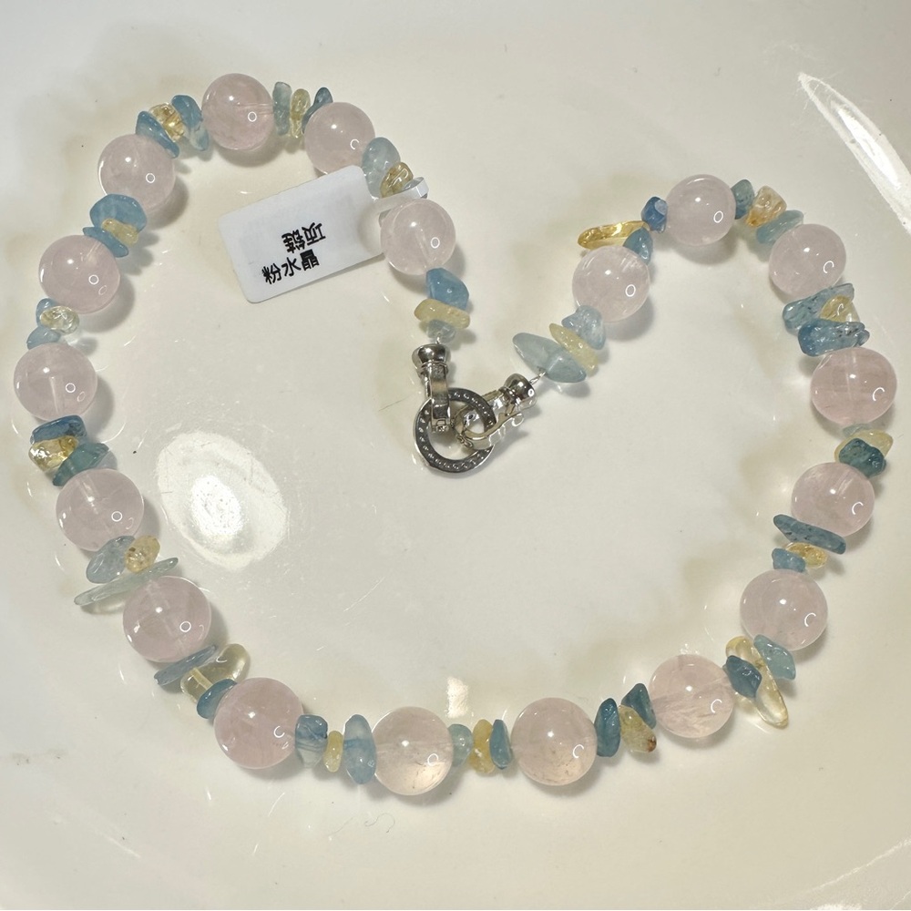Multi-Color Rose Quartz Aquamarine Citrine Necklace12mm & 17.25 inch long - Picture 2 of 3